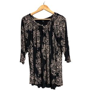 Lucky Brand Top Black Beige Boho Keyhole Neck 3/4 Sleeve Blouse Women’s Sz 2X